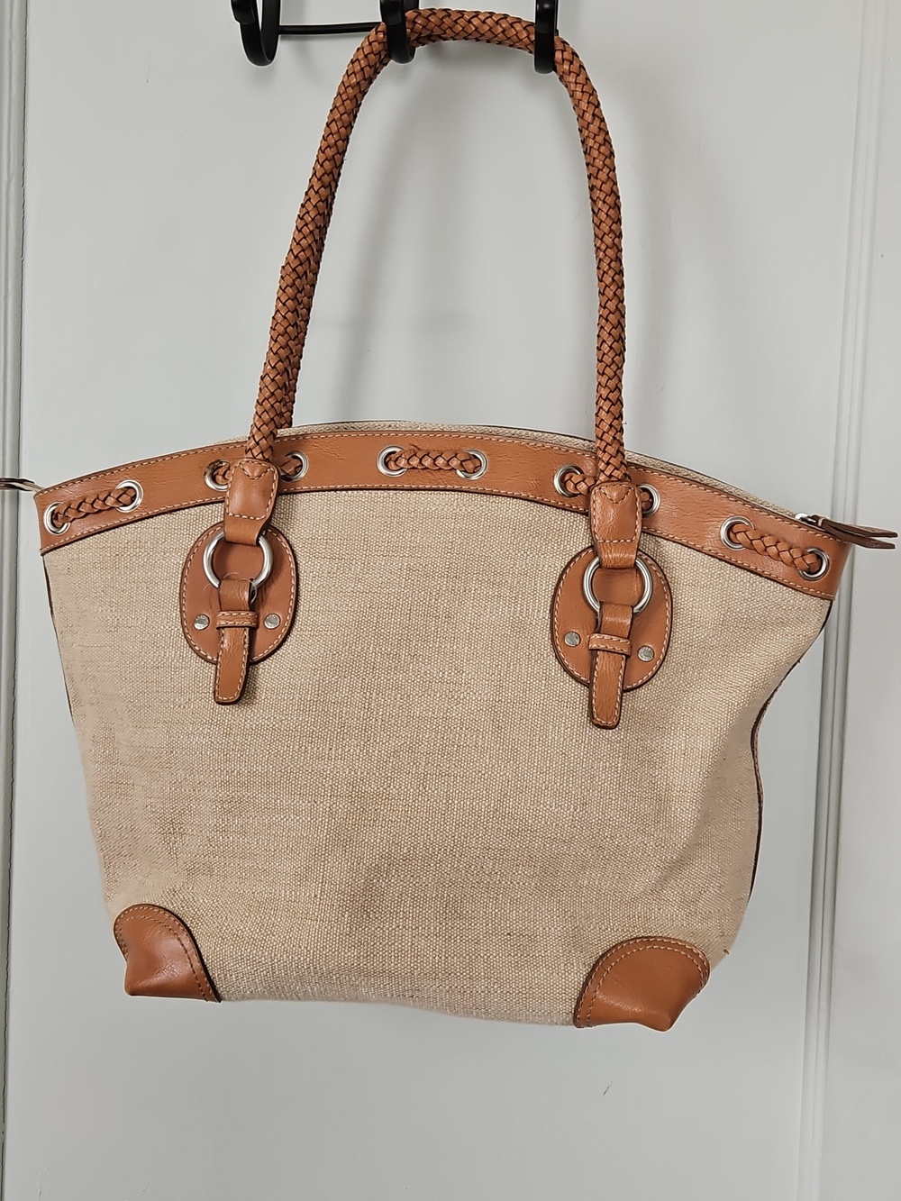 Fossil Woven Canvas Tote Bag with Brown Leather Trim/ Braided Handles